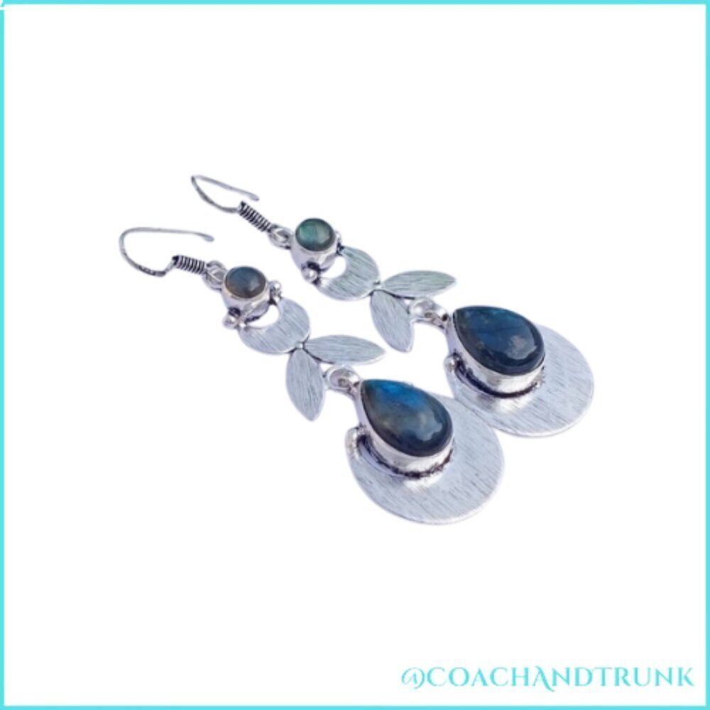 ARTISIAN Labradorite Larimar Natural Stones Silver French Hook Earrings - Picture 2 of 6